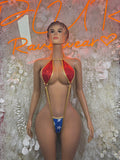 Red halter bikini top with blue star bottoms, cutout festival swimsuit on mannequin