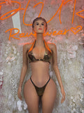Taupe metallic cutout bodysuit with triangle bra cups and strappy thong back